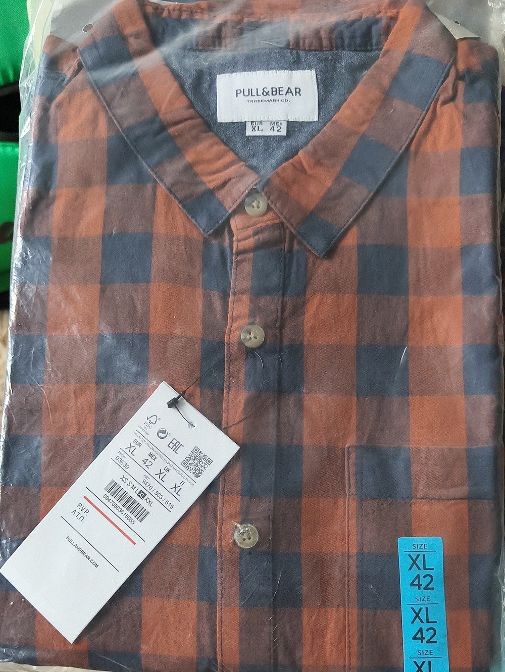 Pull&Bear Orange and Navy Checked Button-Down Shirt
